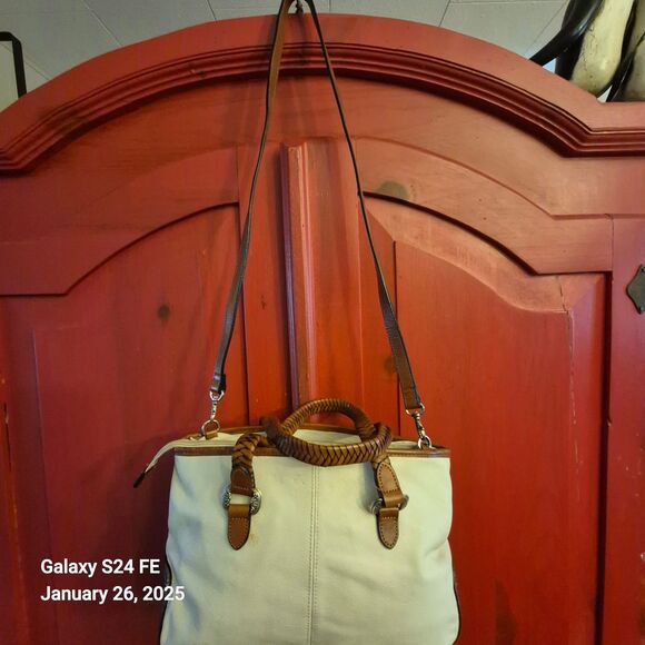 Vintage Fossil Purse Ivory Pebbled Leather Woven Handles Strap Western READ - Picture 2 of 9